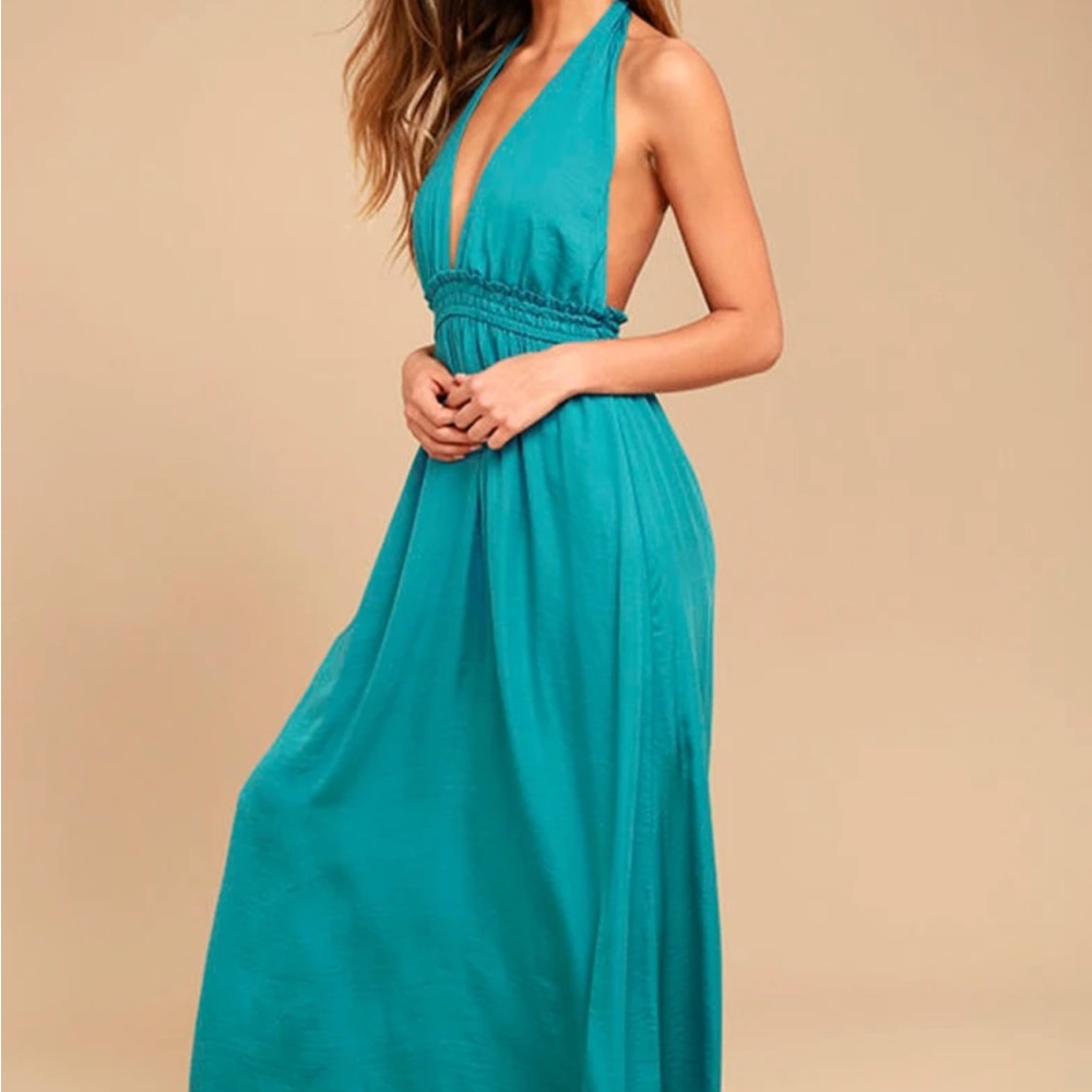 Lulus blue satin halter maxi dress